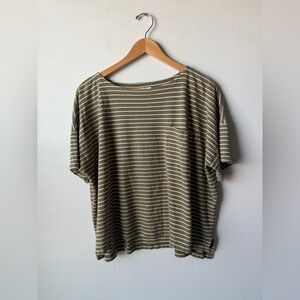 Eileen Fisher Olive Green and White Striped Short-Sleeve CrewNeck Tee W/ Chest P